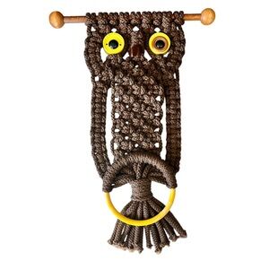 Vintage Large Macrame Brown Owl Wall Hanging Decor Boho Woodland Whimsical